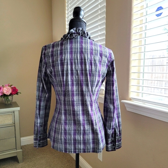 BRINA & EM Vintage Plaid Purple Gray Ruffled Top - Picture 5 of 9